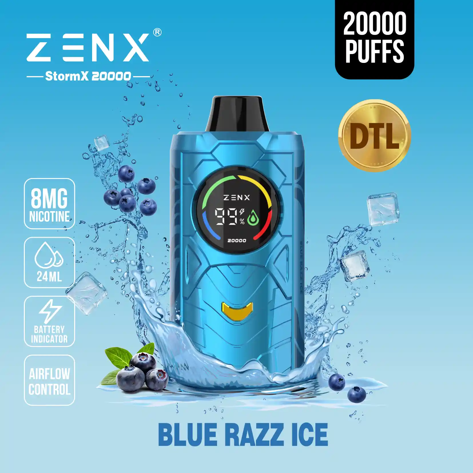 ZENX StormX DTL 20K Disposable Vape - Blue Razz Ice Vape - zenxvape.us