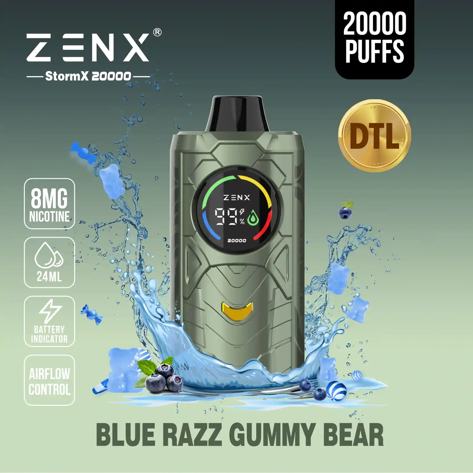 ZENX StormX DTL 20K Disposable Vape - Blue Razz Gummy Bear Vape - zenxvape.us