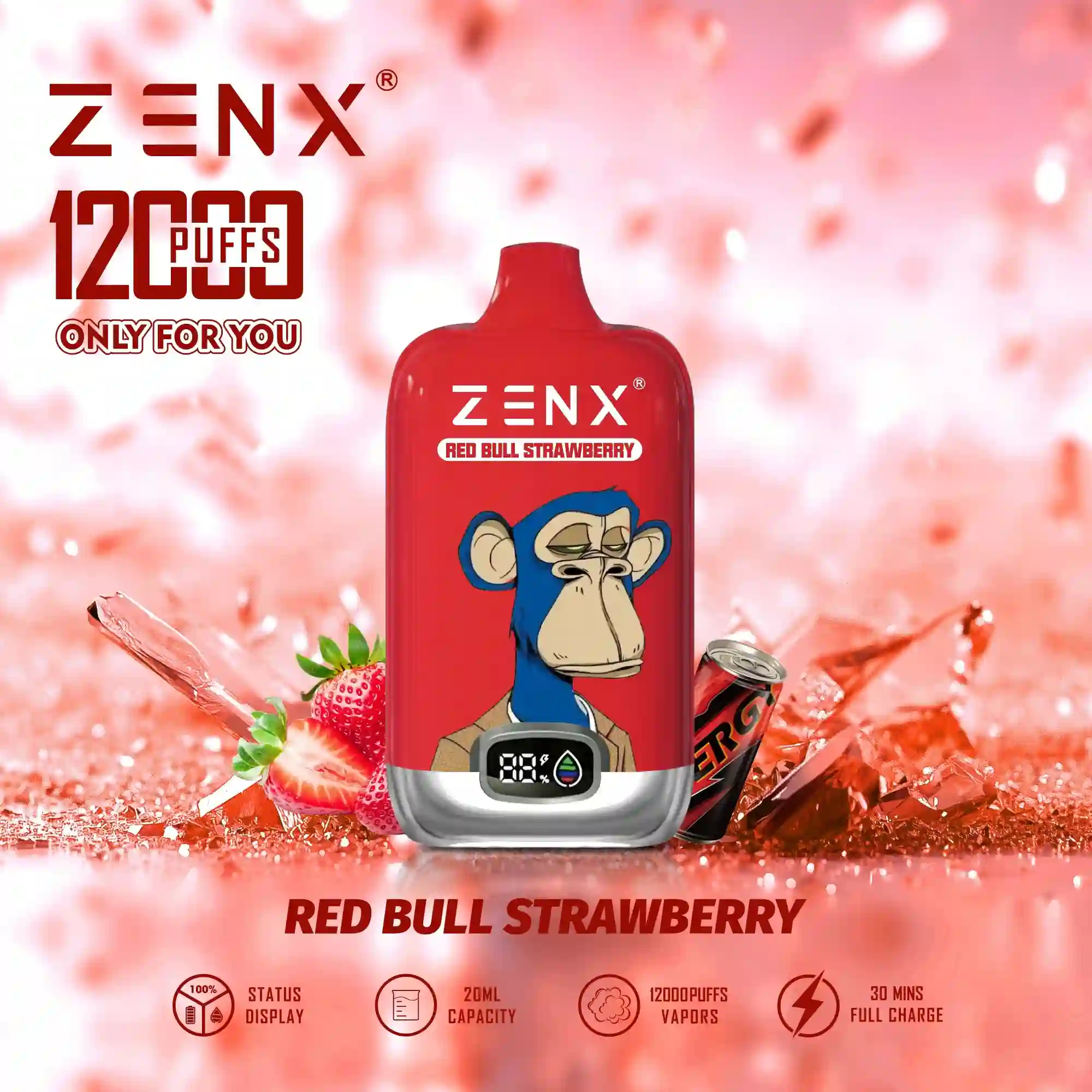 ZENX RandM Tornado NFT Digital Box 12000 Puffs Wegwerp Vape Pod - Red Bull Strawberry Vape - zenxvape.nl